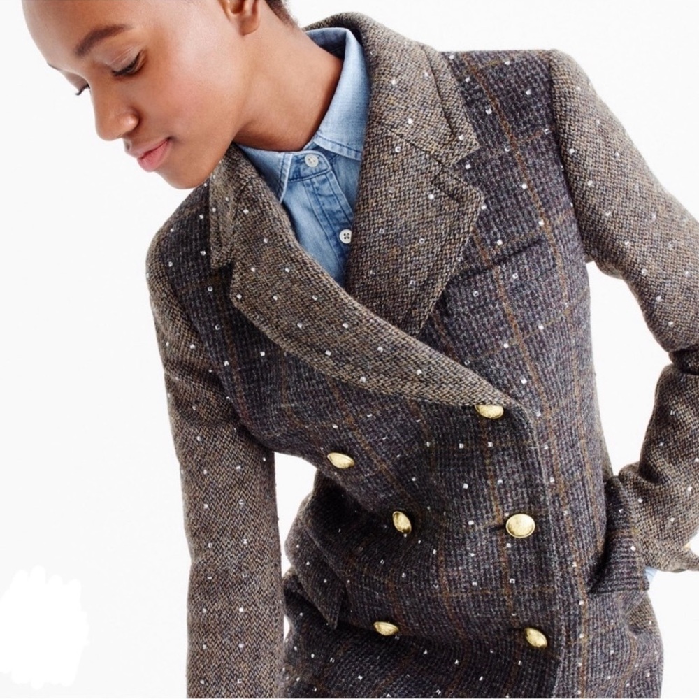 NWOT J.Crew Collection Two Tone Wool Glass Beaded Topcoat Top Coat Harris Tweed